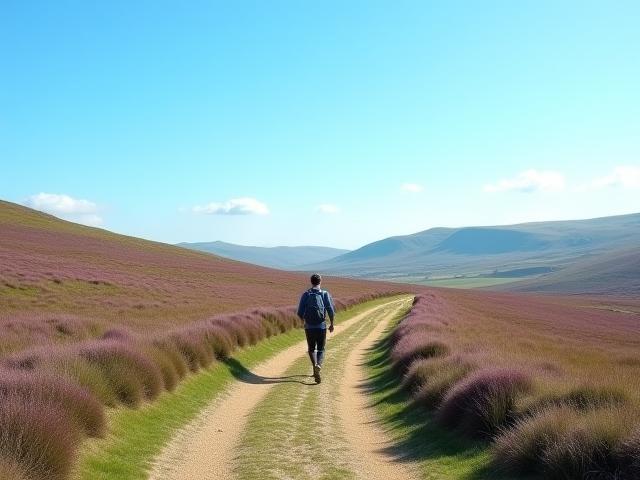 Hiker walking on a moorland path under blue skies - Trail Guides