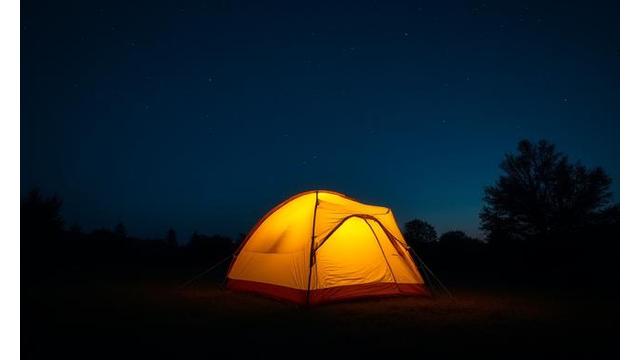 Camping tent illuminated under starry night sky