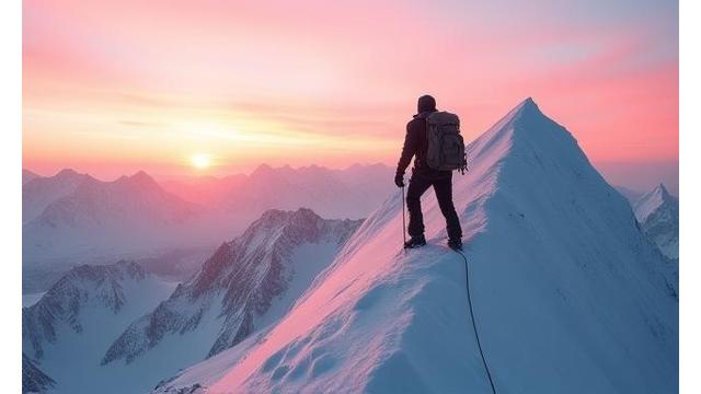 Mountaineer climbing a snowy peak at sunrise