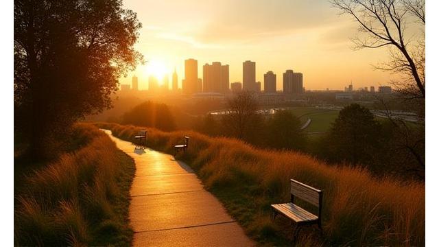 Urban hiking trail with cityscape of Manchester in background