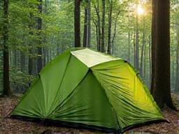 Lightweight two-person tent pitched in forest setting