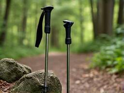 Adjustable trekking poles leaning against rock