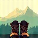 Icon showing hiking boots with mountains in background