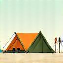 Tents, GPS units, and trekking poles lined up for rental