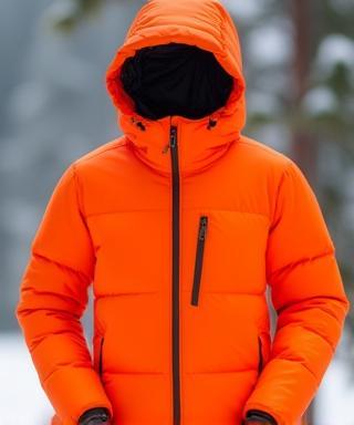 Orange insulated down jacket with hood